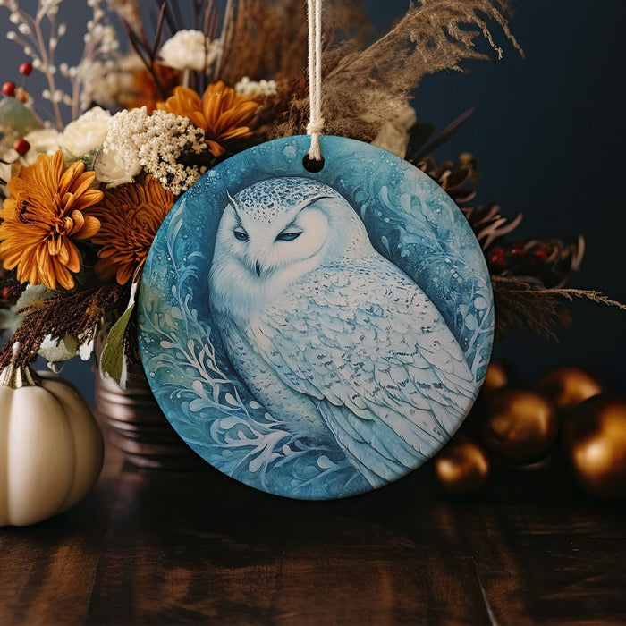 a ceramic ornament with a picture of an owl on it
