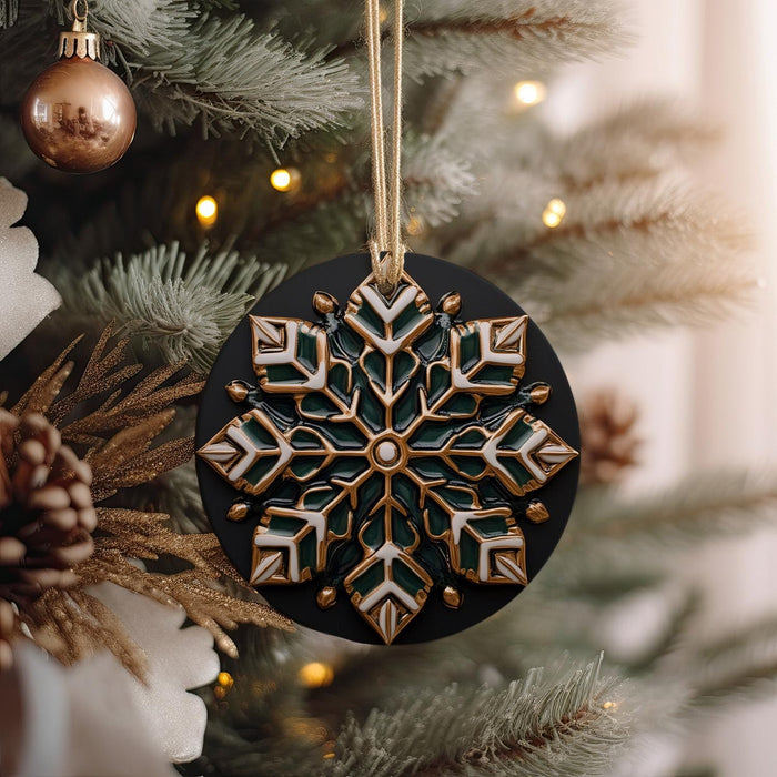 a snowflake ornament hanging from a christmas tree
