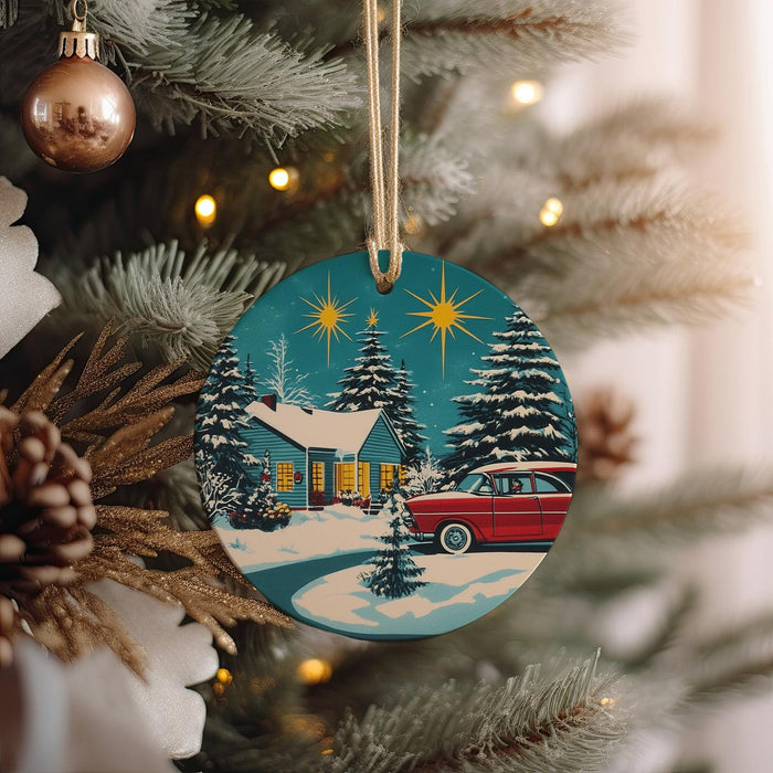 a christmas ornament hanging from a christmas tree
