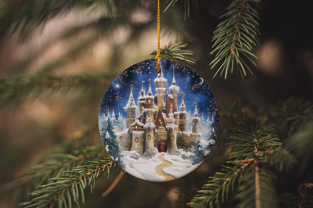 a glass ornament hanging from a christmas tree