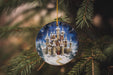 a glass ornament hanging from a christmas tree