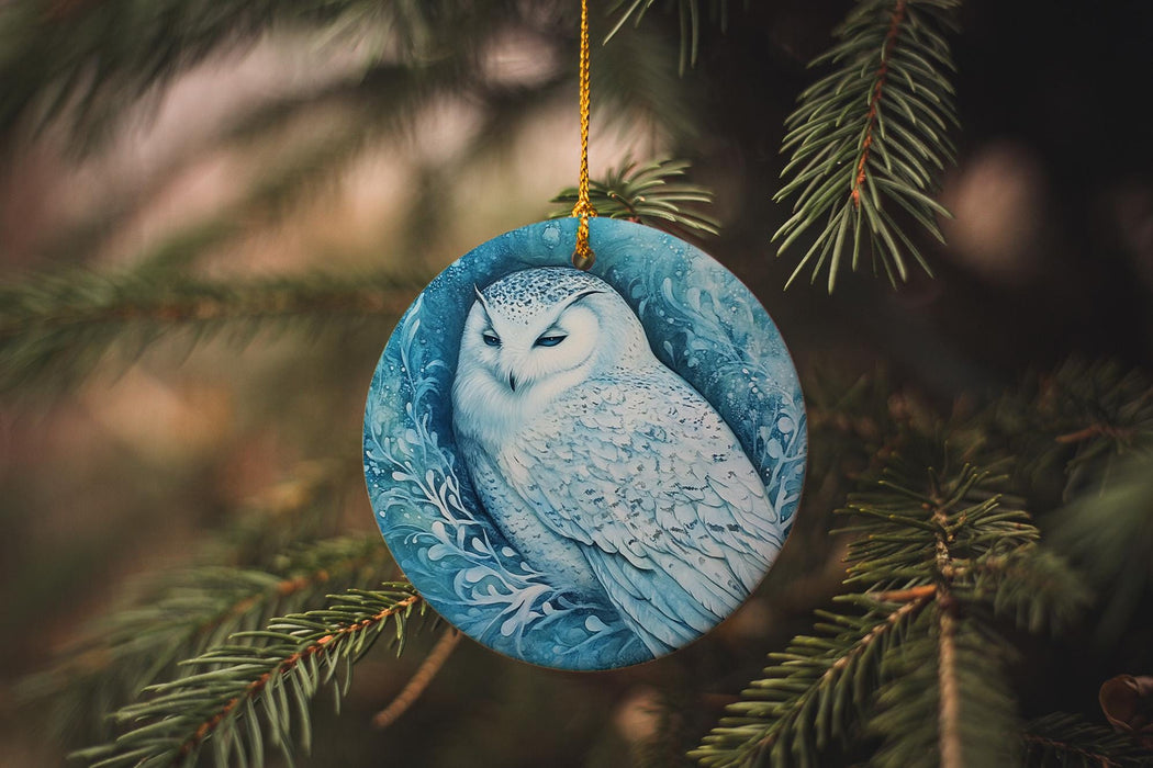 a ceramic owl ornament hanging from a christmas tree