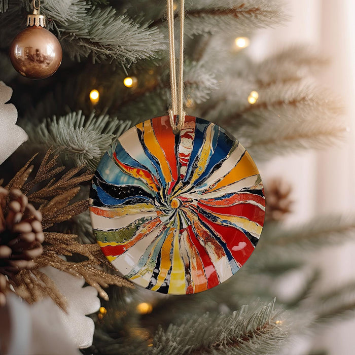 a colorful ornament hanging from a christmas tree