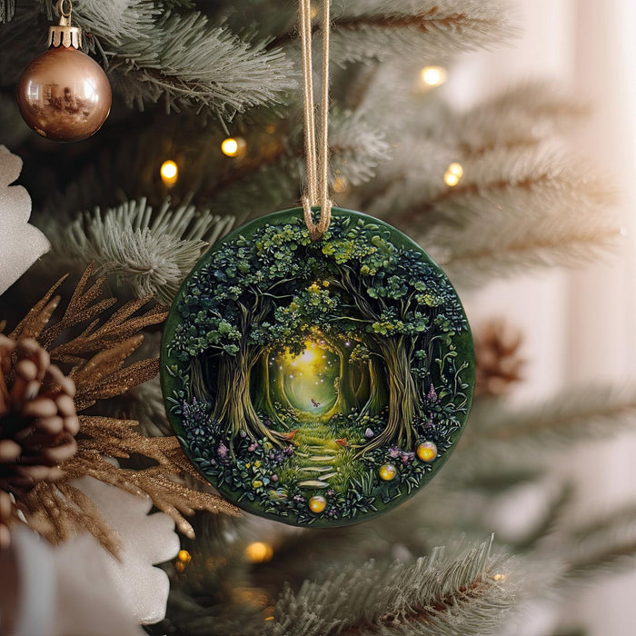 a christmas ornament hanging from a christmas tree