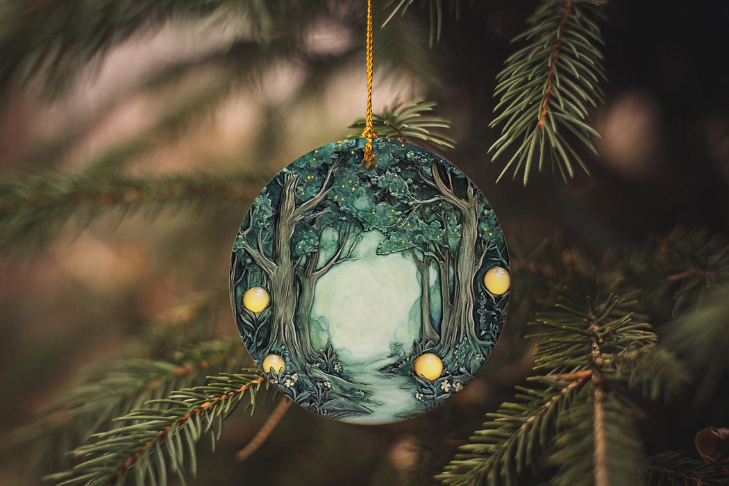 a glass ornament hanging from a christmas tree