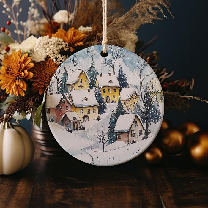 a ceramic ornament with a winter scene on it