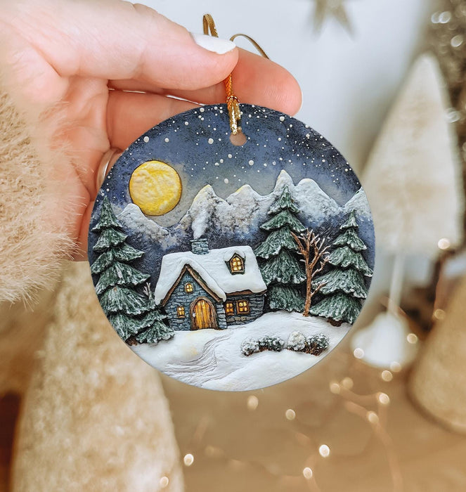 a person holding a christmas ornament in their hand
