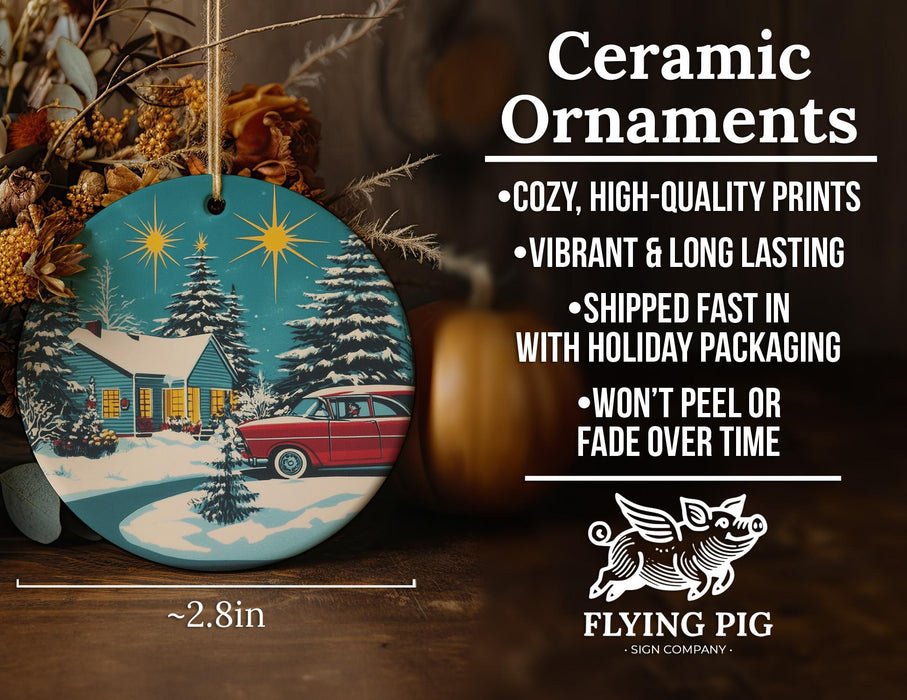 a ceramic ornament with a christmas scene on it