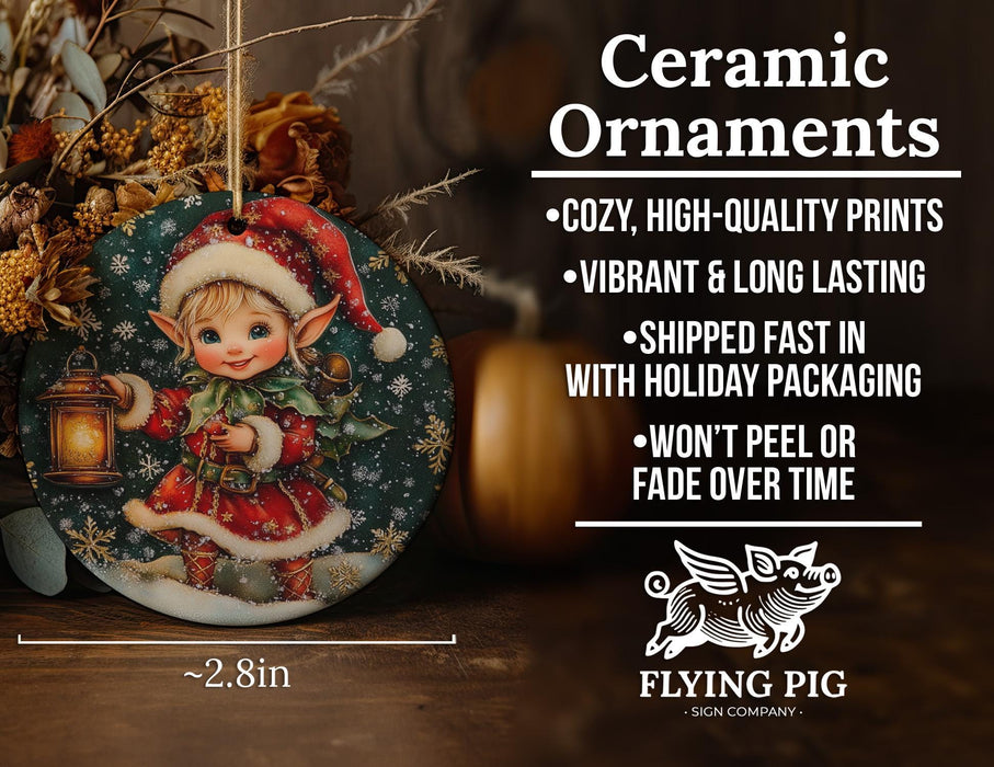a ceramic christmas ornament with a little elf on it