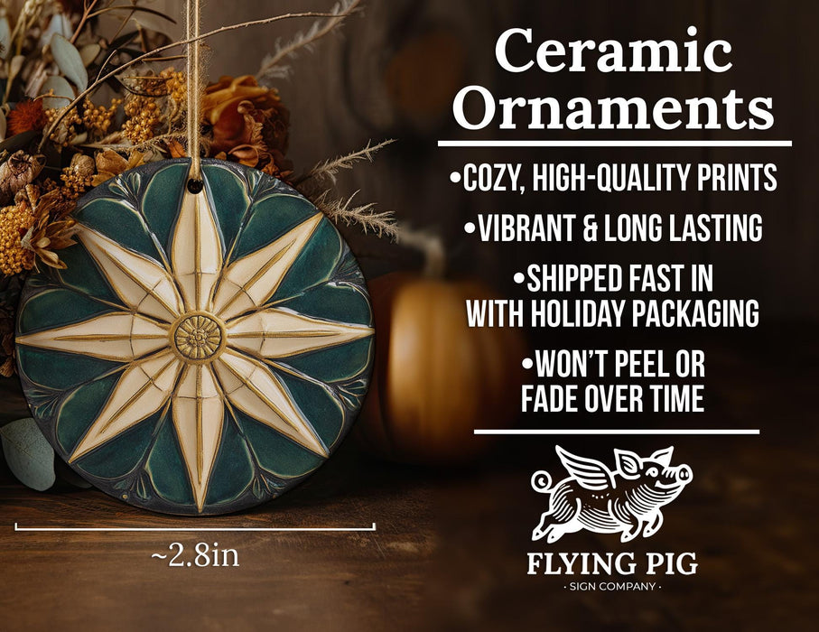 a ceramic ornament sitting on top of a wooden table
