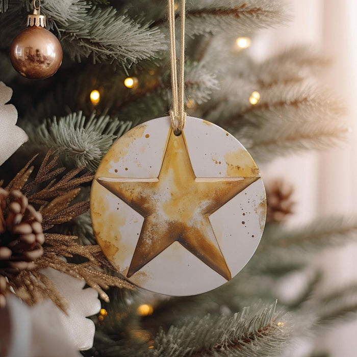 a close up of a christmas tree with a star ornament