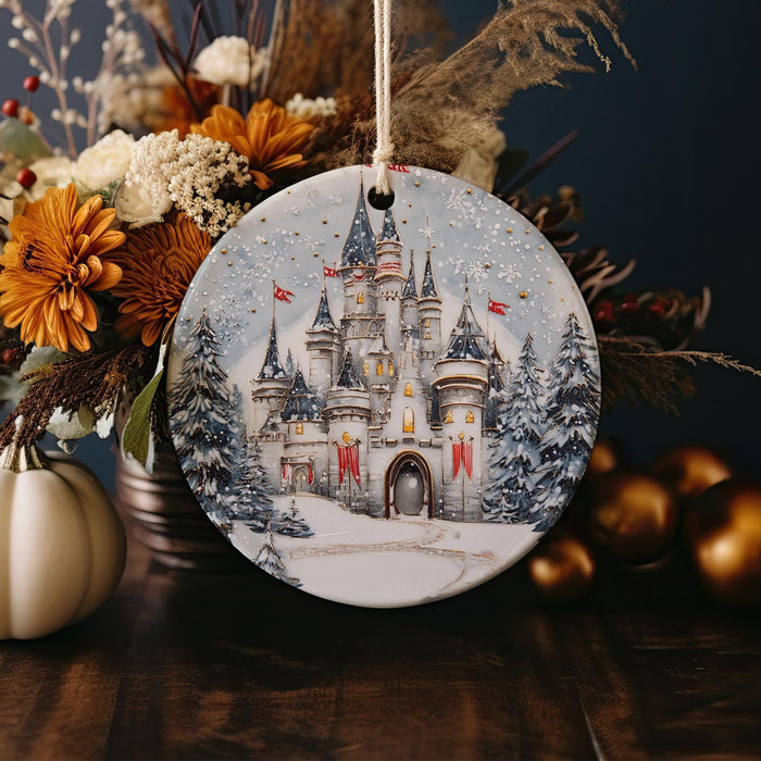 a christmas ornament with a castle on it