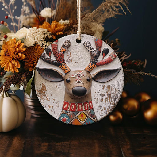 a decorative deer head hanging from a string