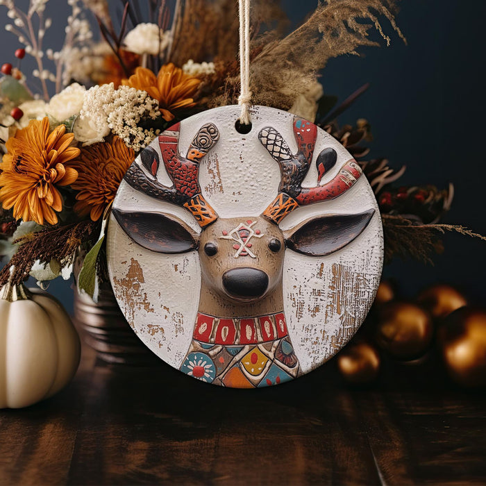 a decorative deer head hanging from a string