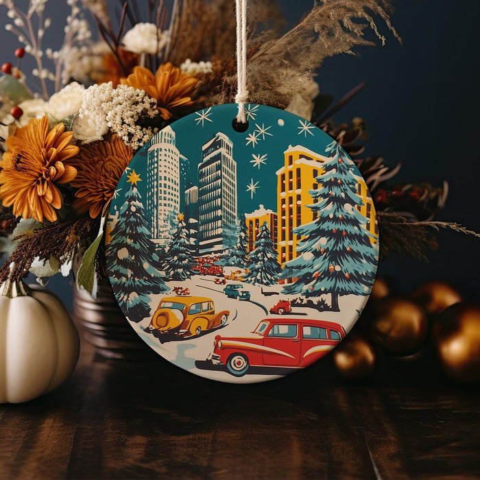a christmas ornament with a city scene on it