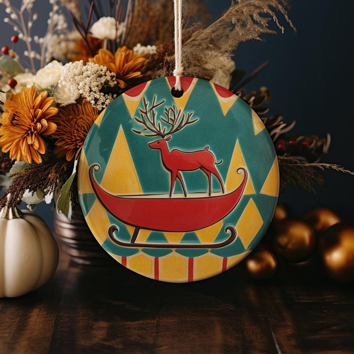 a christmas ornament with a deer on a sleigh