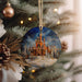 a christmas ornament hanging from a christmas tree