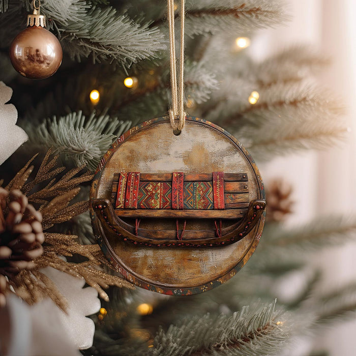 a wooden ornament hanging from a christmas tree