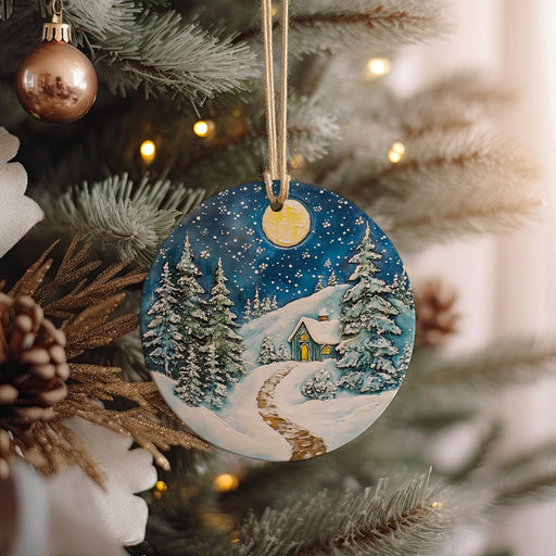 a christmas ornament hanging from a christmas tree
