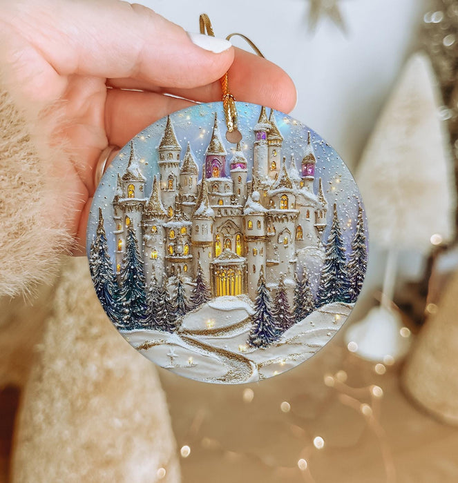 a hand holding a christmas ornament with a castle on it