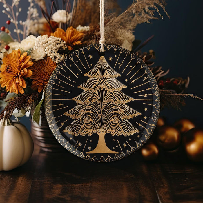 a black and gold plate with a christmas tree on it