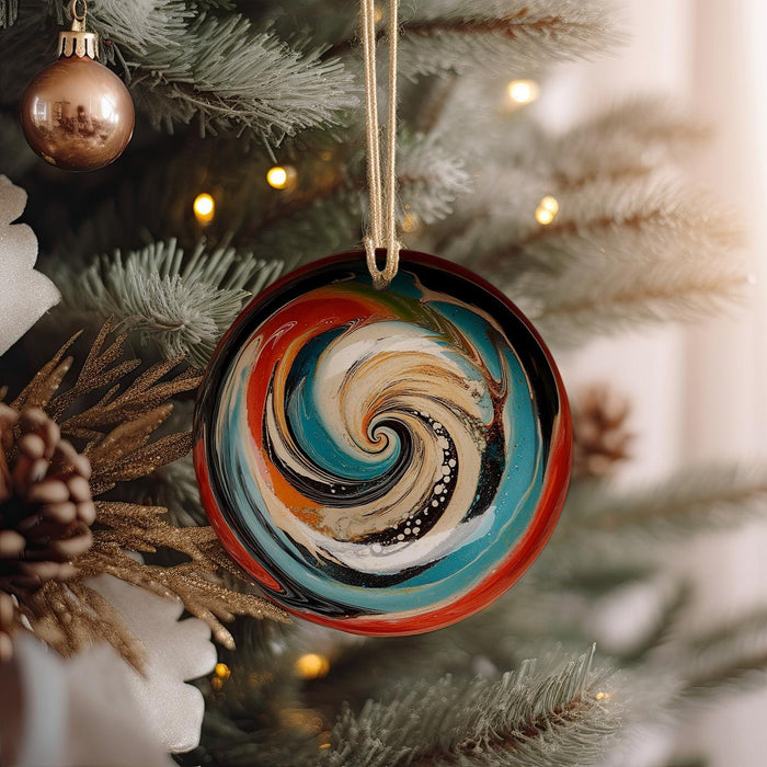 a glass ornament hanging from a christmas tree
