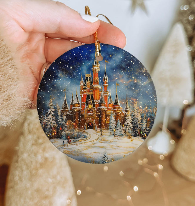 a hand holding a christmas ornament with a castle on it