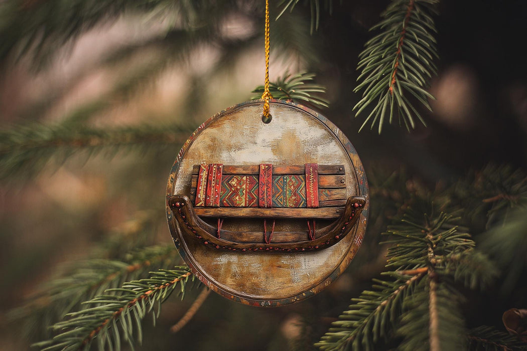 a christmas ornament hanging from a tree