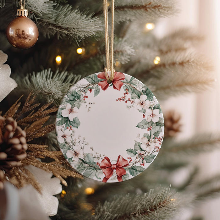 a christmas ornament hanging from a christmas tree