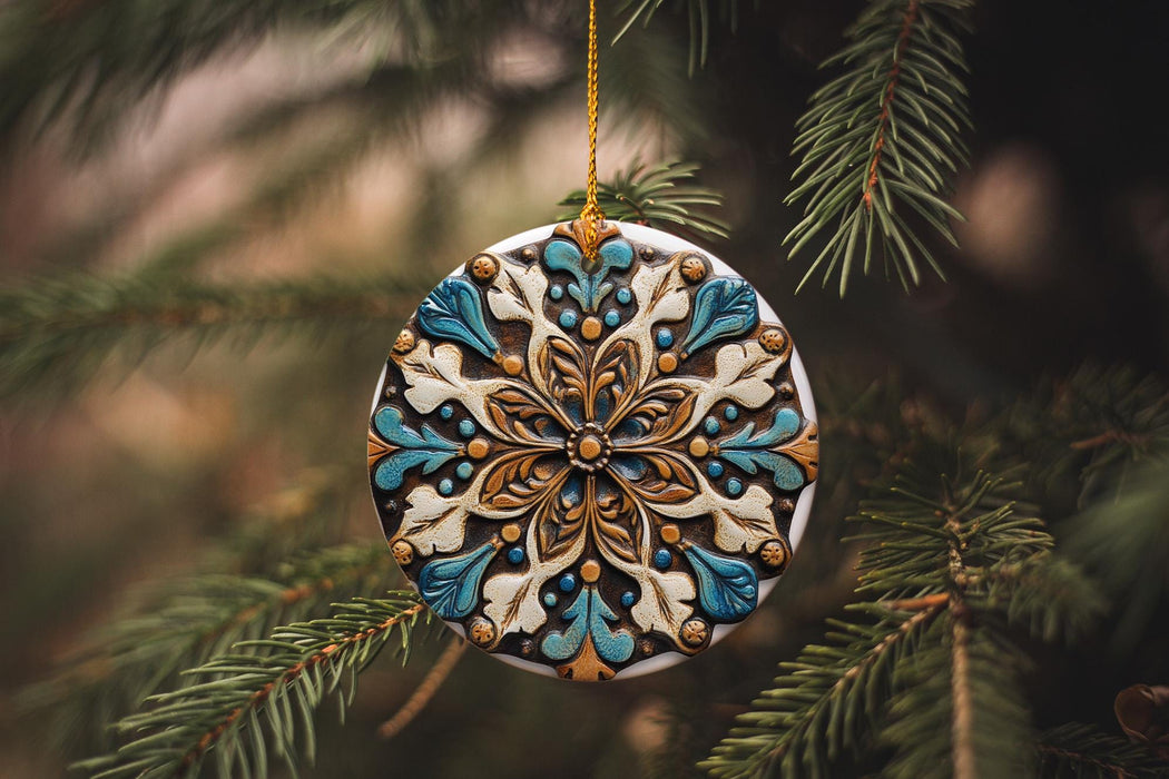 a blue and white ornament hanging from a tree