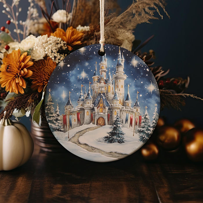 a christmas ornament with a castle on it