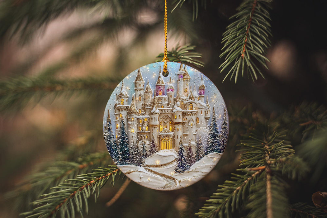 a glass ornament hanging from a christmas tree
