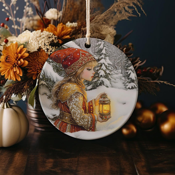 a christmas ornament with a picture of a girl holding a lantern