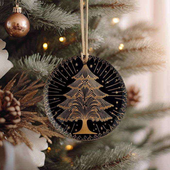 a christmas tree ornament hanging from a christmas tree