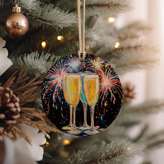 a christmas tree with two glasses of champagne