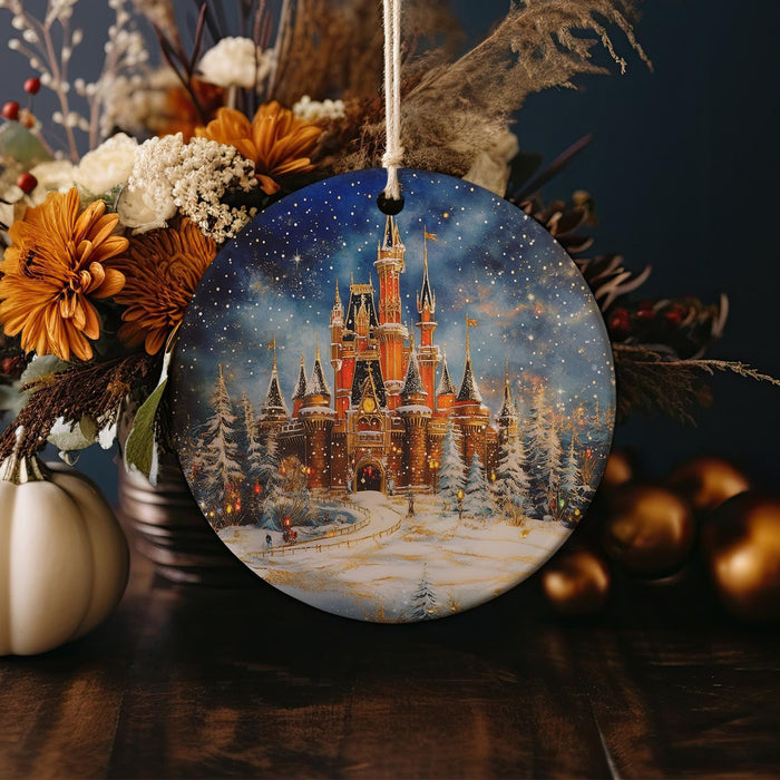 a christmas ornament with a castle on it
