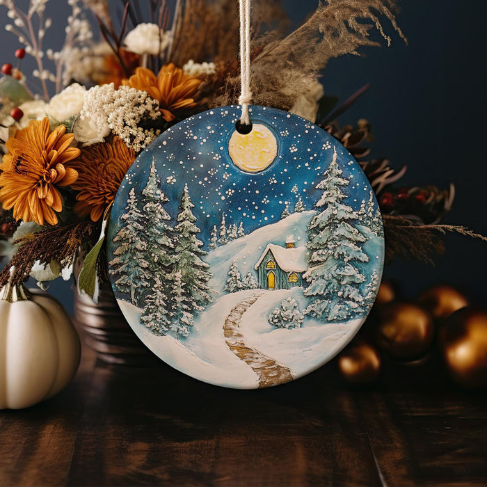 a christmas ornament with a house in the snow