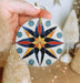 a hand holding a christmas ornament with a star on it