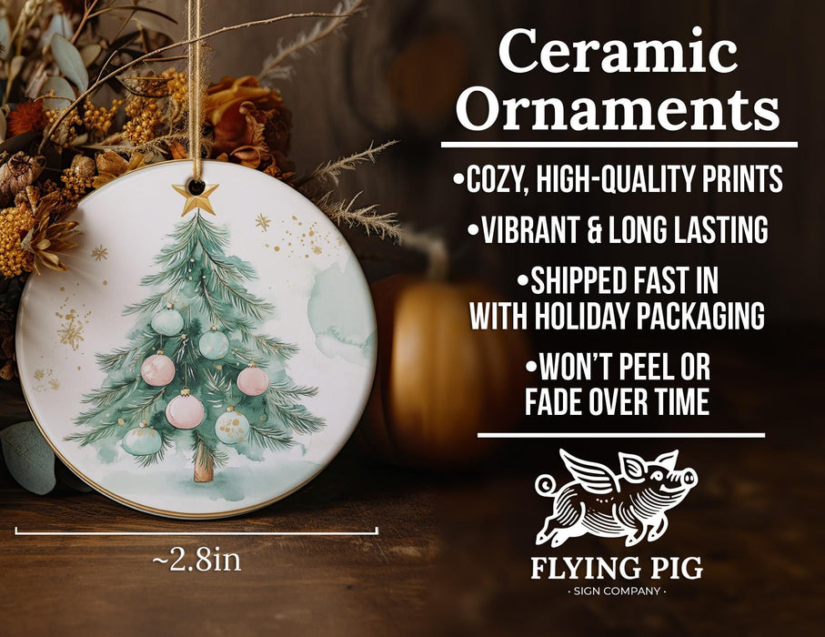 a ceramic ornament with a christmas tree on it
