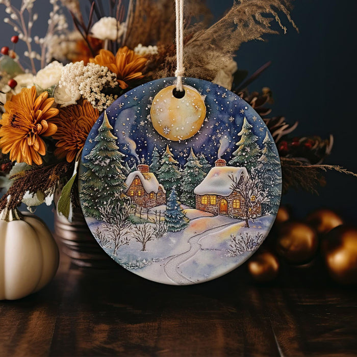 a christmas ornament with a snowy scene on it