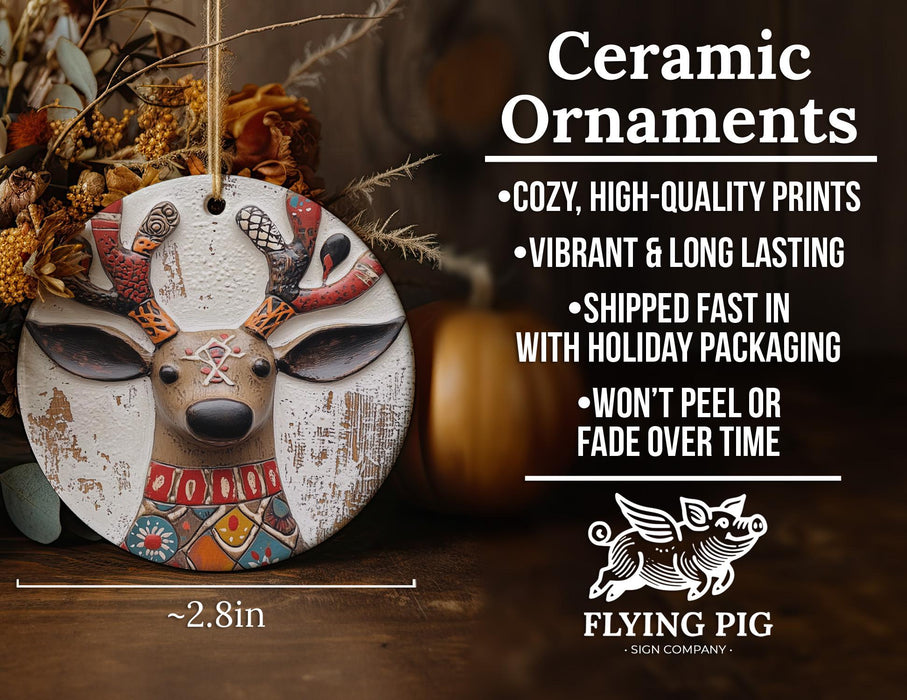 a ceramic deer ornament hanging from a string