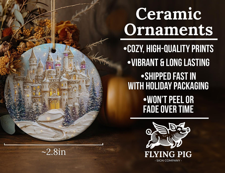 a ceramic ornament with a castle on it