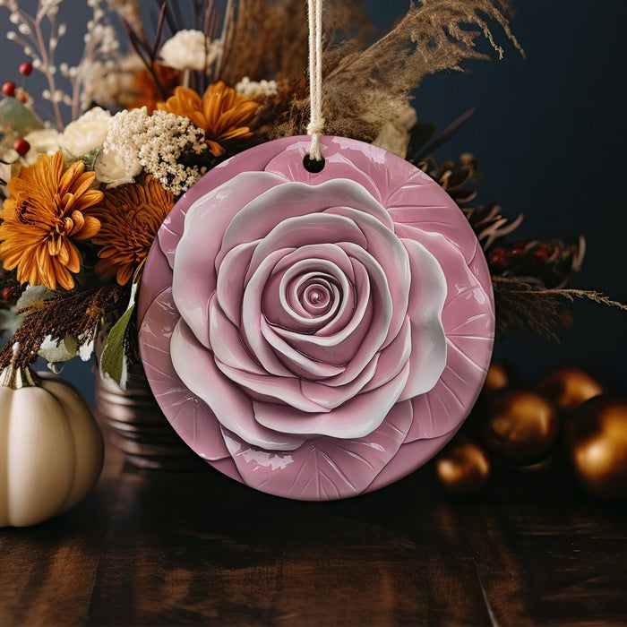 a pink flower hanging from a string next to a vase of flowers