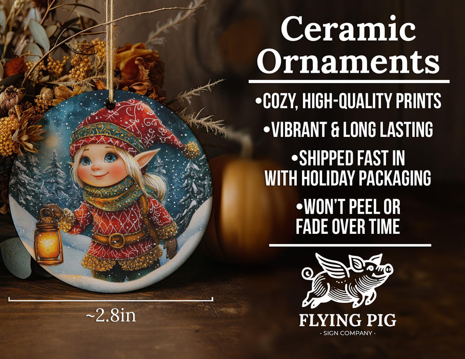 a ceramic ornament with a picture of a little girl holding a lantern