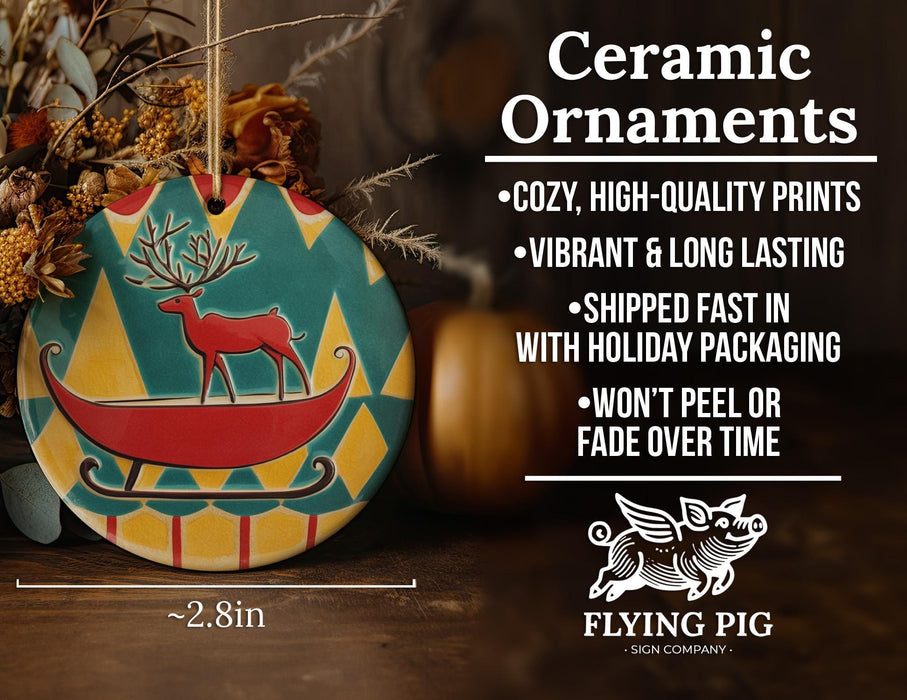 a ceramic ornament with a reindeer on a sleigh