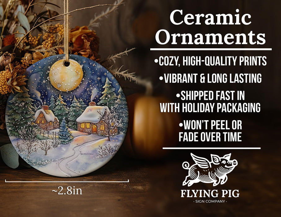 a ceramic ornament with a christmas scene on it