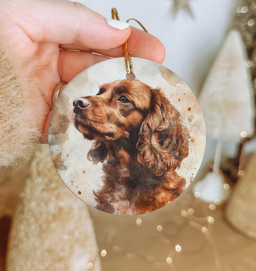 a hand holding a christmas ornament with a picture of a dog