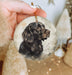a hand holding a christmas ornament with a black dog on it