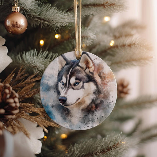 a christmas tree with a picture of a wolf on it