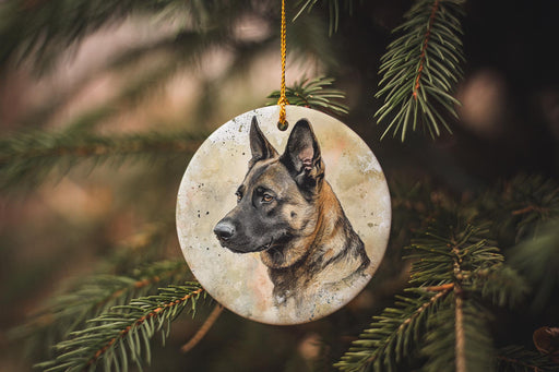 a german shepherd ornament hanging from a christmas tree